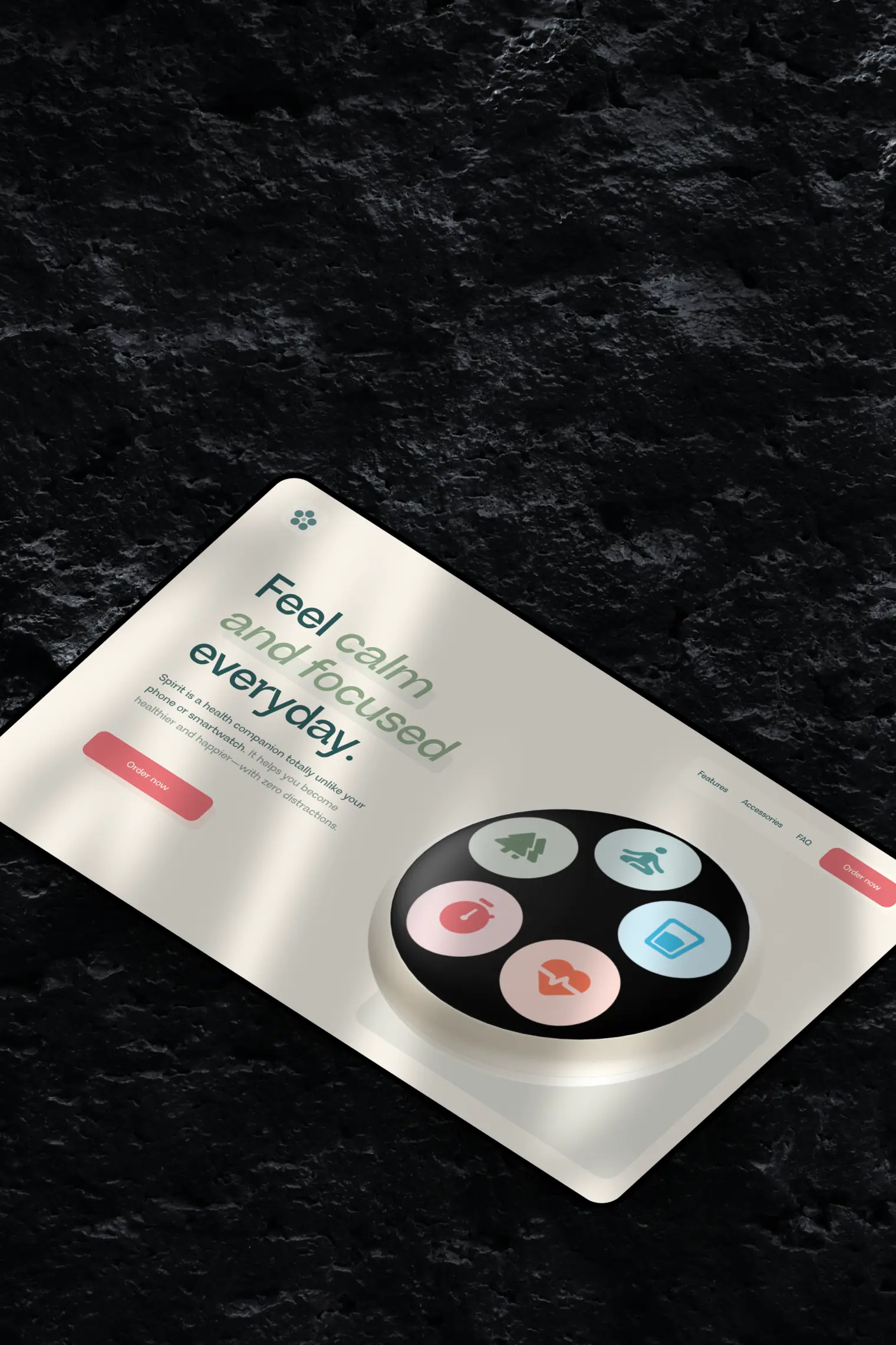 Sample project 2: Spirit website. Displayed on a tablet. Shows a round, friendly-looking device with the headline 'Feel calm and focused everyday'.