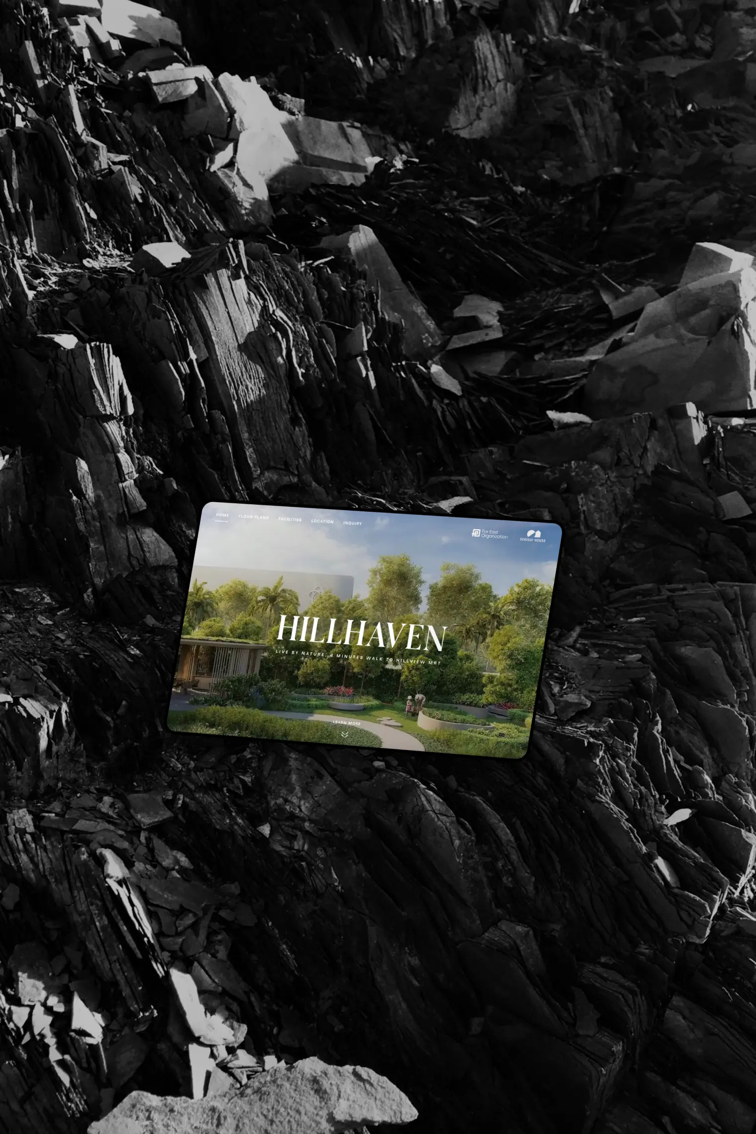 Sample project 3: Hillhaven website. Displayed on a tablet. Shows a vivid, nature-filled background with the headline 'Hillhaven' in the centre of it. It evokes a refreshing feeling.