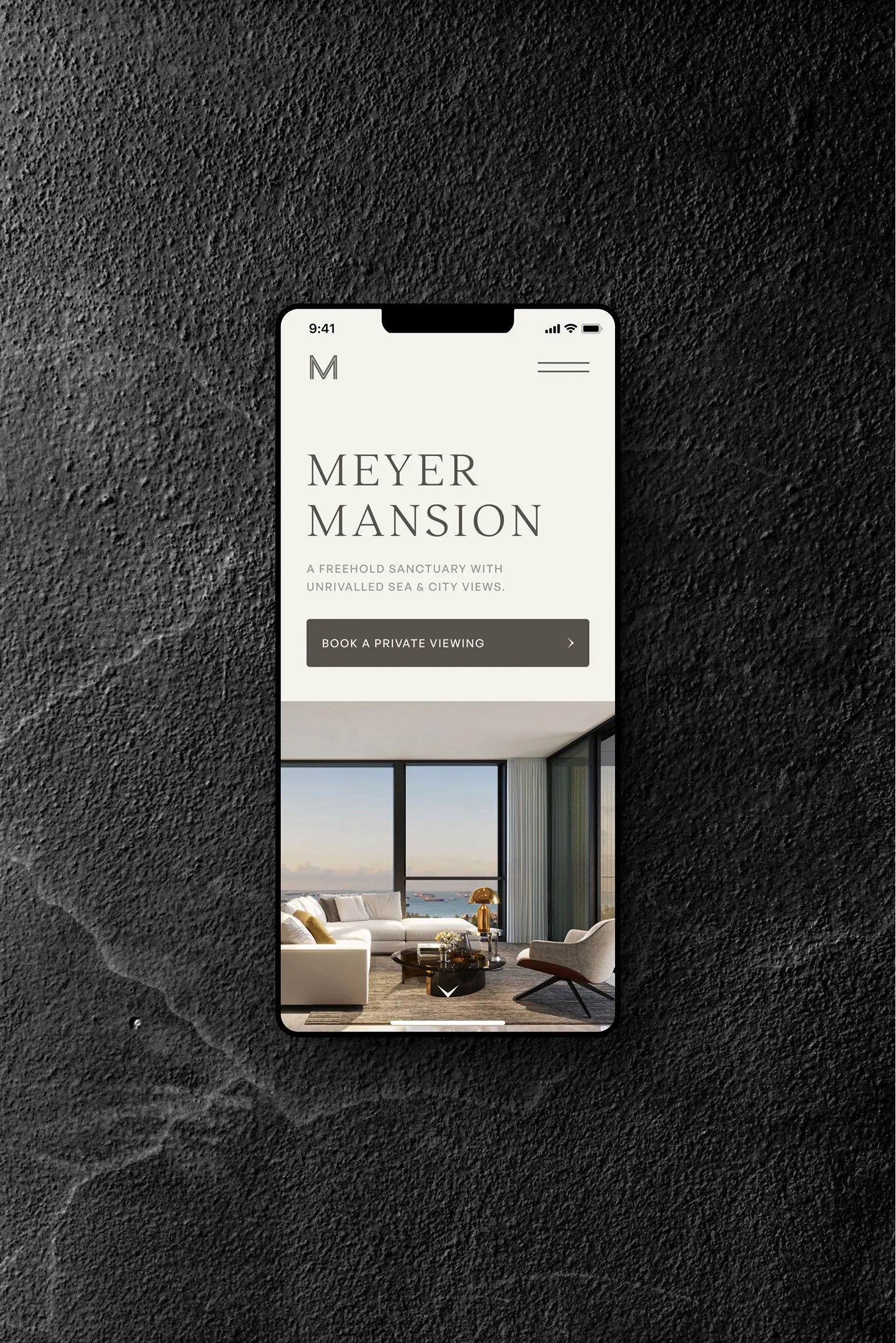 Sample project 1: Meyer Mansion website. Displayed on a phone. Shows a classy layout of headline 'Meyer Mansion' and 'A freehold sanctuary with unrivalled sea and city views' sitting above a luxurious apartment living room with an ocean view.